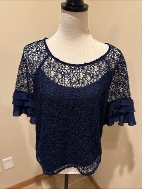 Navy Crochet Floral Ruffle Sleeve Blouse